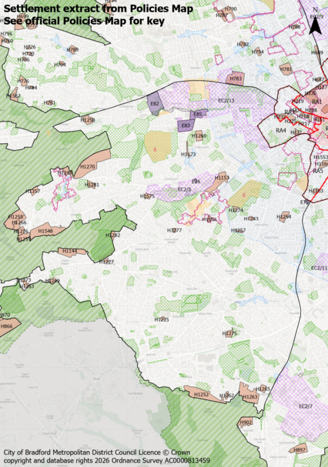 Settlement map extract with colour-coded land parcels, boundaries, labels, and a north arrow.