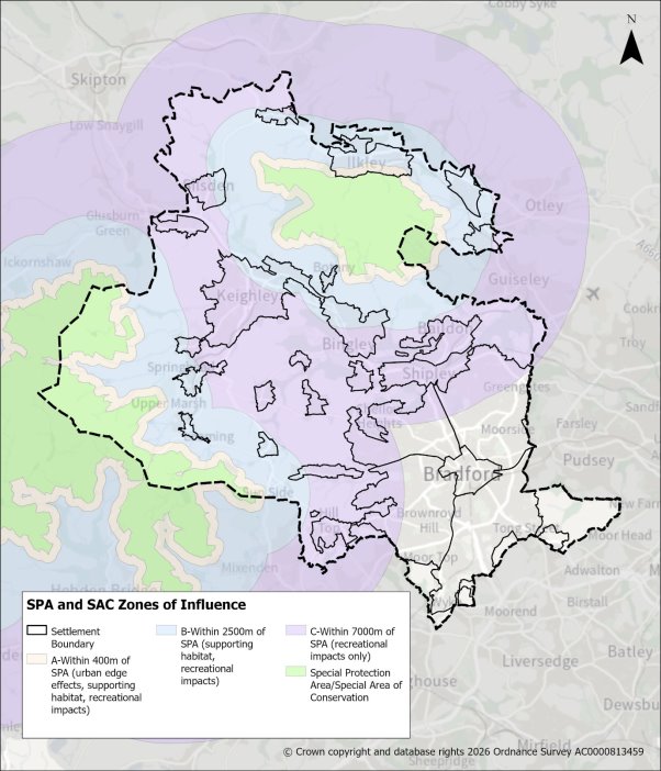 Map showing SPA and SAC zones of influence around Birmingham, with colour-coded areas and a key explaining settlement boundaries, urban edge effects, supporting habitat, recreational impacts, and Special Protection Areas.
