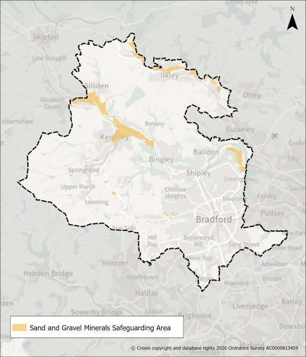 Map of Bradford and surrounding areas with highlighted regions indicating Sand and Gravel Minerals Safeguarding Areas.