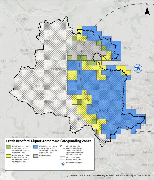 Map of Leeds Bradford Airport Aerodrome Safeguarding Zones, showing colour-coded height restrictions and development areas overlaid on a geospatial layout.