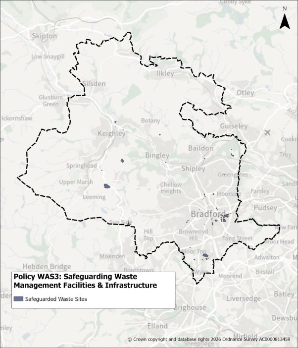 Map of Bradford with a dashed line outlining the boundary of Policy WAS3: Safeguarding Waste Management Facilities & Infrastructure, and blue dots marking safeguarded waste sites.