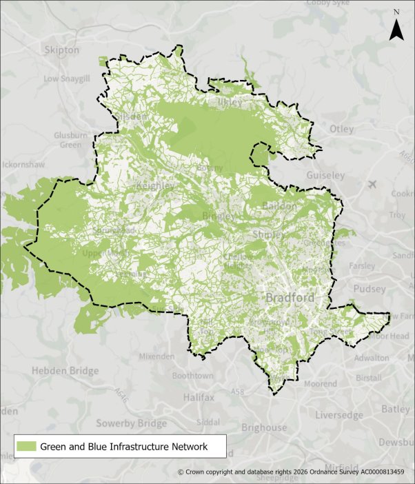 Map of Bradford and surrounding areas highlighting Green and Blue Infrastructure Network in light green.
