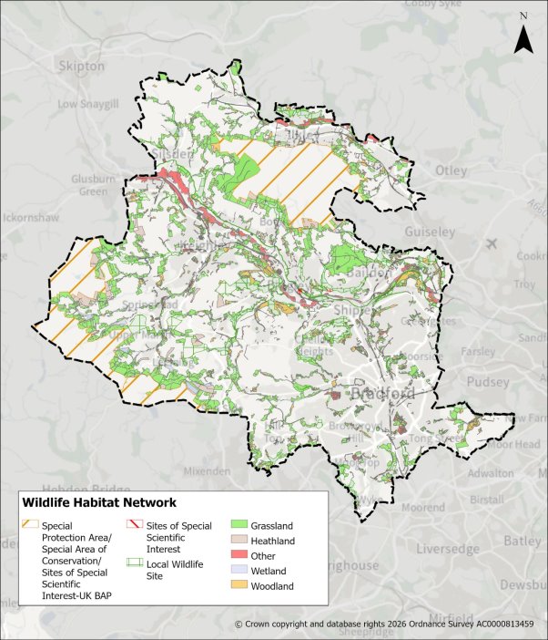 Map of Bradford Wildlife Habitat Network with heathland, grassland, wetland, woodland, and other sites marked in various colours.