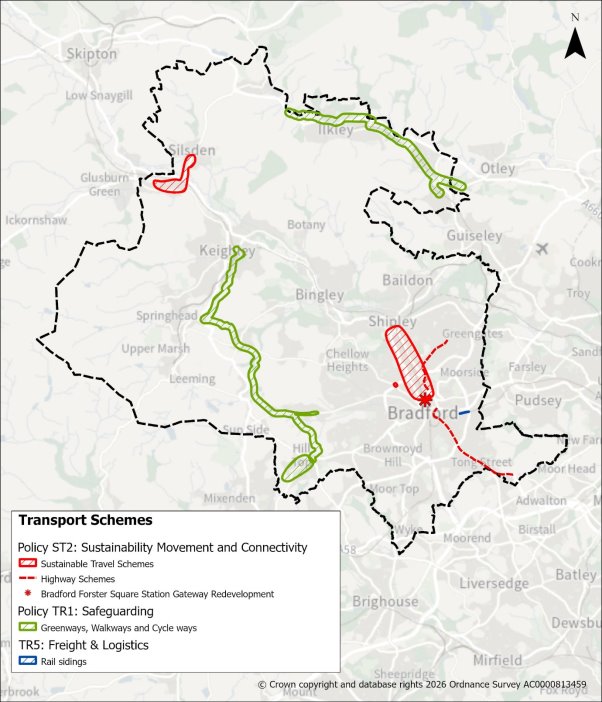 Map of Bradford and surrounding areas with dashed boundary. Green lines indicate sustainable travel schemes, red lines and shapes mark highway schemes, including a station gateway redevelopment. Blue lines denote rail sidings.