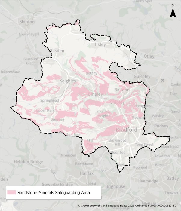 Map highlighting Sandstone Minerals Safeguarding Area in light pink within a dashed boundary covering parts of Bradford, Leeds, and surrounding towns.