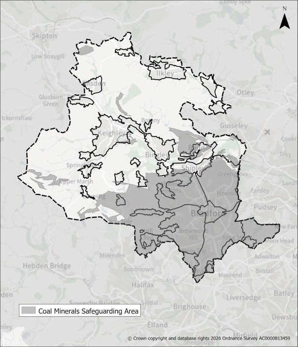 Map showing Coal Minerals Safeguarding Area across various locations, highlighted in grey.